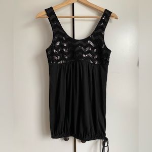 Black sequin and crochet babydoll top